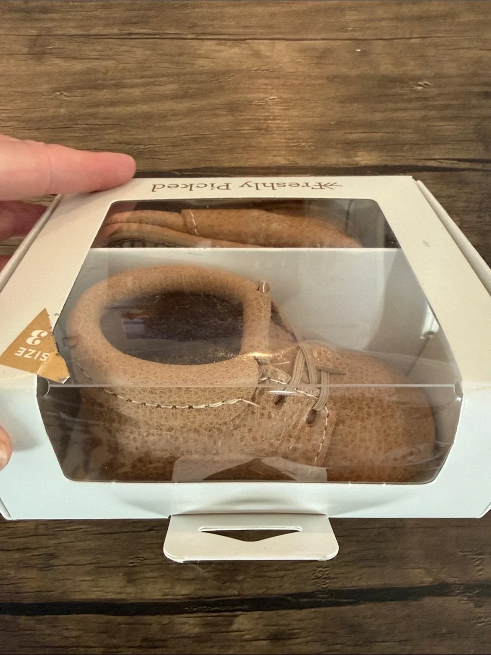 Freshly Picked Tan Leather Baby Moccasins in Box